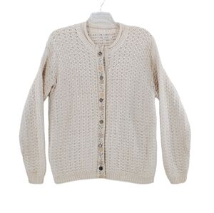 Vtg Alps Cardigan Sweater L Ivory Cotton Grandmacore Button-Up Needlepoint 80s